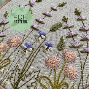 Blooming spring flowers meadow embroidery design, Botanical collection instant download pattern 6&quot;, Wildflowers and herbs motif PDF