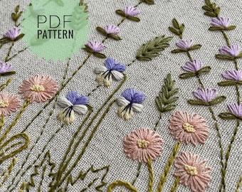 Botanical collection pattern 6" instant download, Blooming spring meadow embroidery design, Wildflowers and herbs ornament PDF