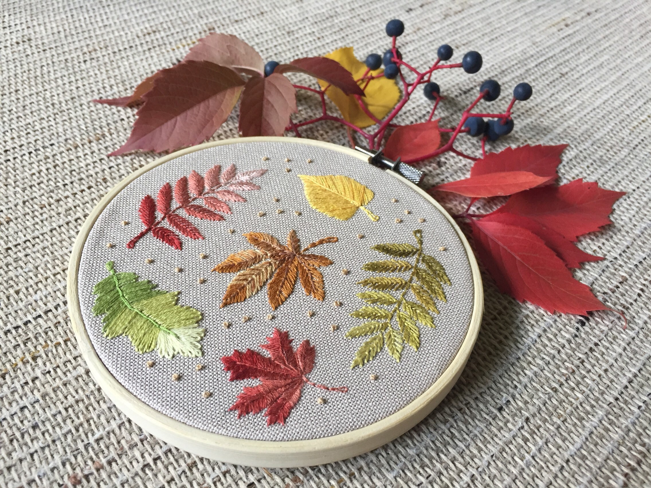 Embroidery Autumn Leaves Hoop Art Gift For Her / Fall Hand Etsy