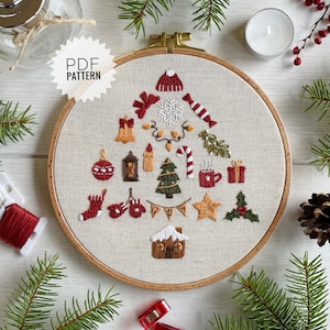 Borduurpatroon kerstboom, handborduurontwerp kerstelementen, sampler kerstelementen, stapsgewijze handleiding voor feestelijk knutselen