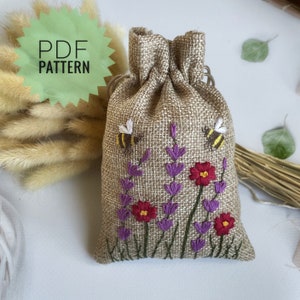 Blumen Stickdatei für kleine Beutel, Beutel Taschen mit Blumenmuster, Beutel Wildblumen PDF Stickmuster, Geschenkbeutel DIY