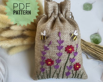 Floral embroidery design for sachet bag, Embroidery PDF pattern for small pouch, Gift bag DIY, Cottage décor DIY idea