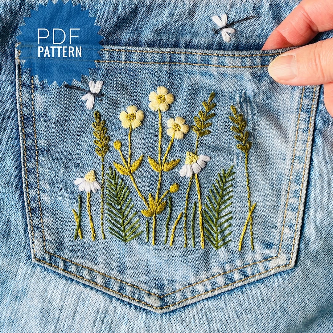 花柄ジーンズポケット刺繍パターン、ワイルドフラワー手刺繍