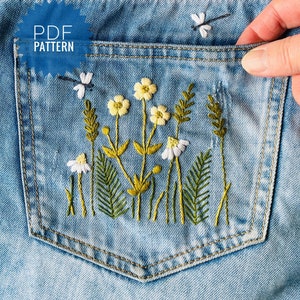 Jeans pocket design embroidery, Floral pocket embroidery pattern, Wildflowers hand embroidery download pattern
