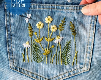 Jeans pocket design embroidery, Floral pocket embroidery pattern, Wildflowers hand embroidery download pattern