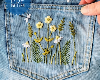 Jeans pocket design embroidery, Floral pocket embroidery pattern, Wildflowers hand embroidery download pattern