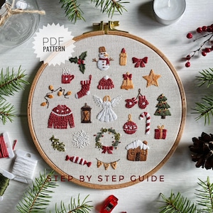 Christmas advent calendar embroidery pattern, DIY winter elements sampler design