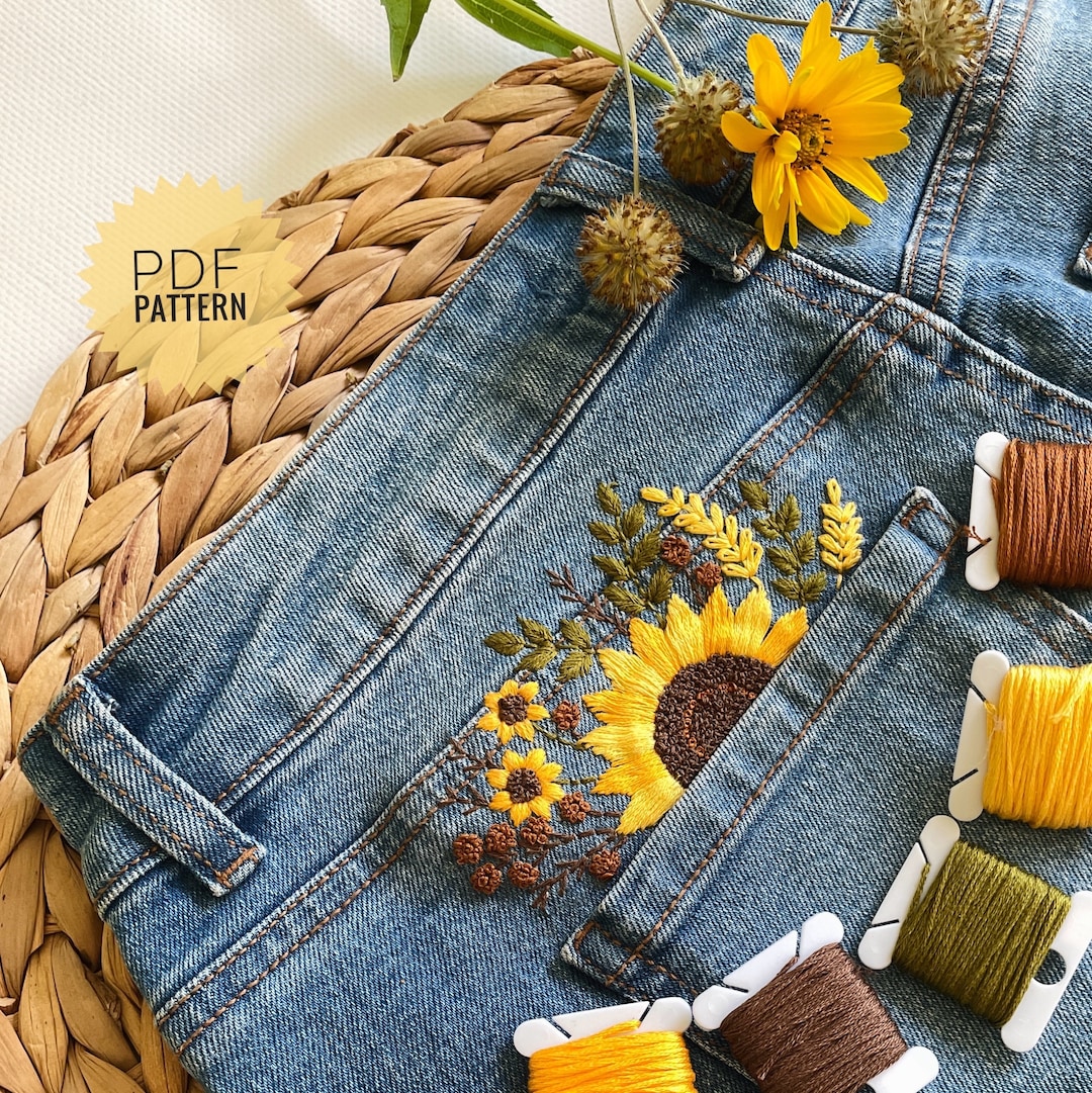 Sunflower Embroidery for Shorts Jeans Pocket Hand Embroidered Summer Clothing Design for Denim Patch Back Pocket Jeans Etsy