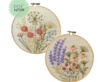 Wild meadow embroidery patterns collection, Do it yourself set of wildflowers designs, Embroidered fall wall art, Cute PDF patterns 5”