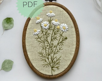 DIY botanical art embroidered daisy, Vintage style white wildflowers wall art PDF pattern, Blooming flowers craft project