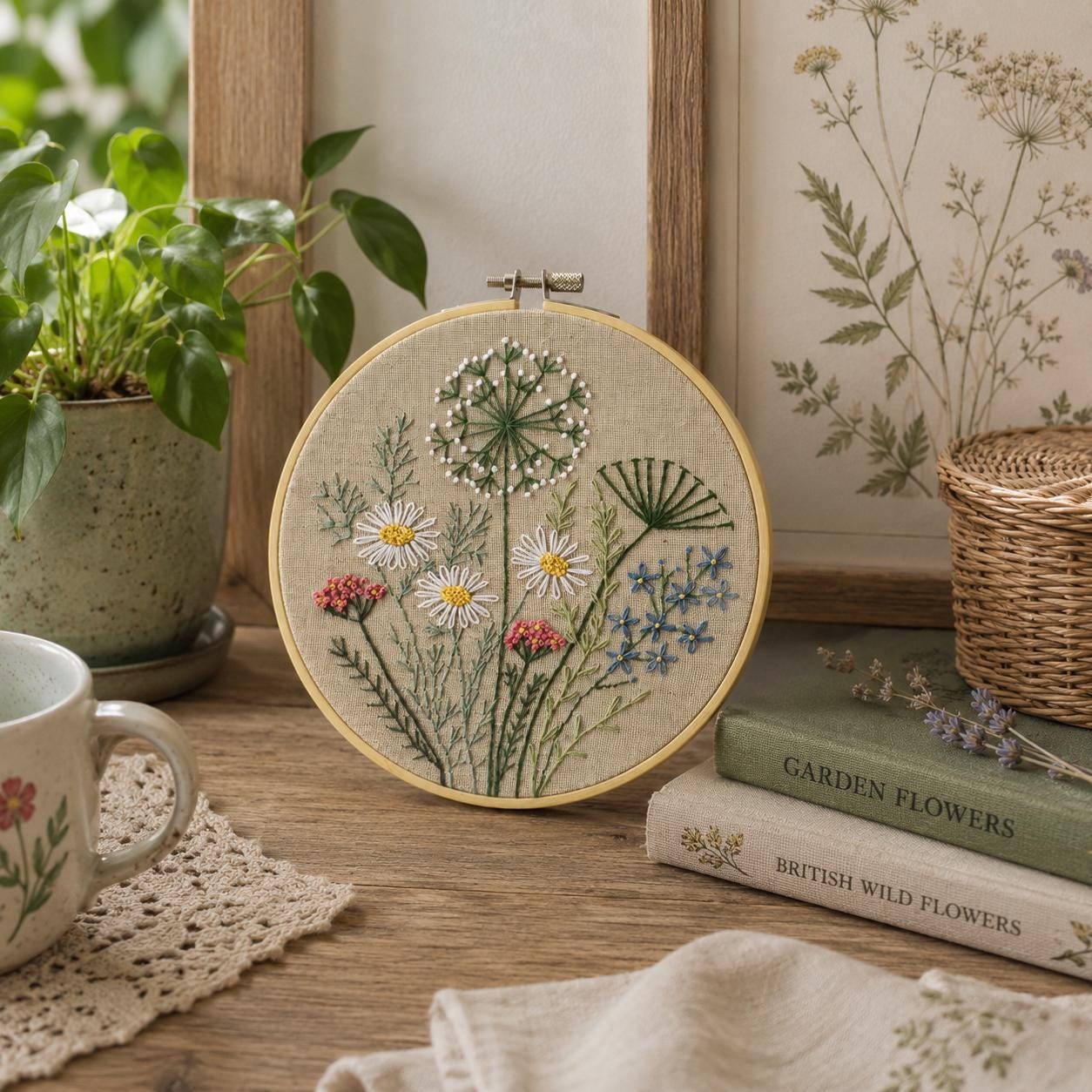 Round Floral Hand Embroidery Pattern Wildflower Botanical Herb