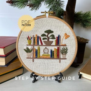 Bookshelf with flowers embroidery pattern, Book lover's embroidery design, Library hoop art decor