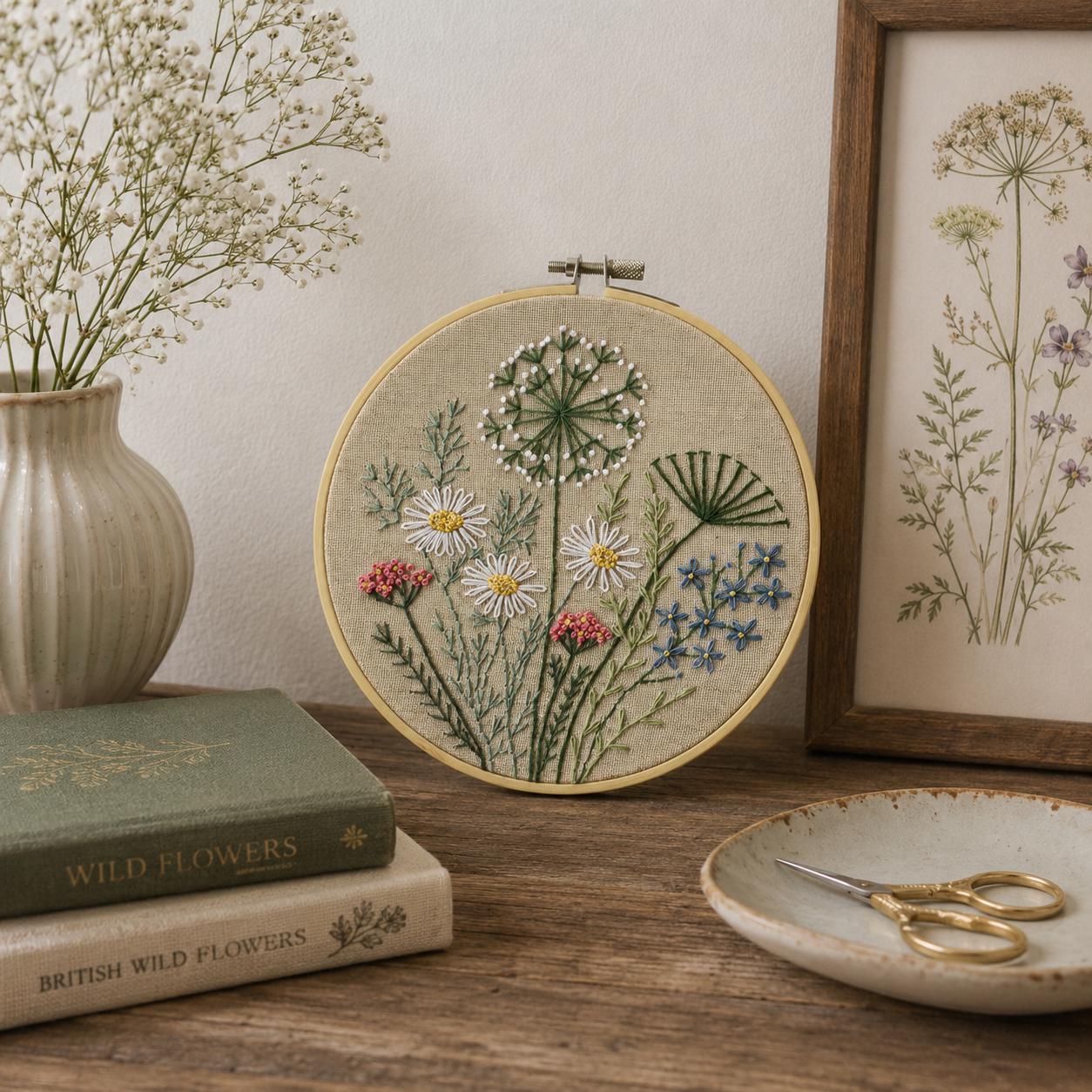 Round Floral Hand Embroidery Pattern Wildflower Botanical Herb
