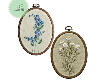 Set of 2 oval botanical hand embroidery designs, Wildflower embroidery patterns, Daisy and forget me not wall arts