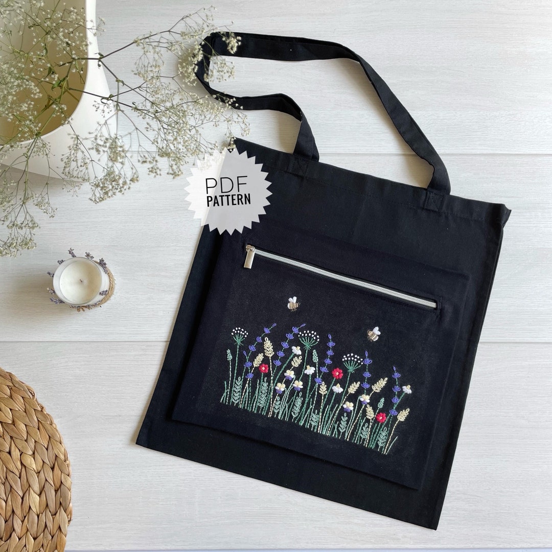 花柄刺繍トートバッグ 黒 黒のトートバッグの植物刺繍パターン、花柄の黒のバッグのDIY