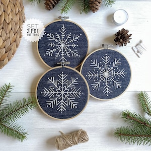 Set of 3 Christmas snowflake patterns, Winter embroidered ornaments DIY gift idea, Xmas hoop art hand embroidery designs PDF
