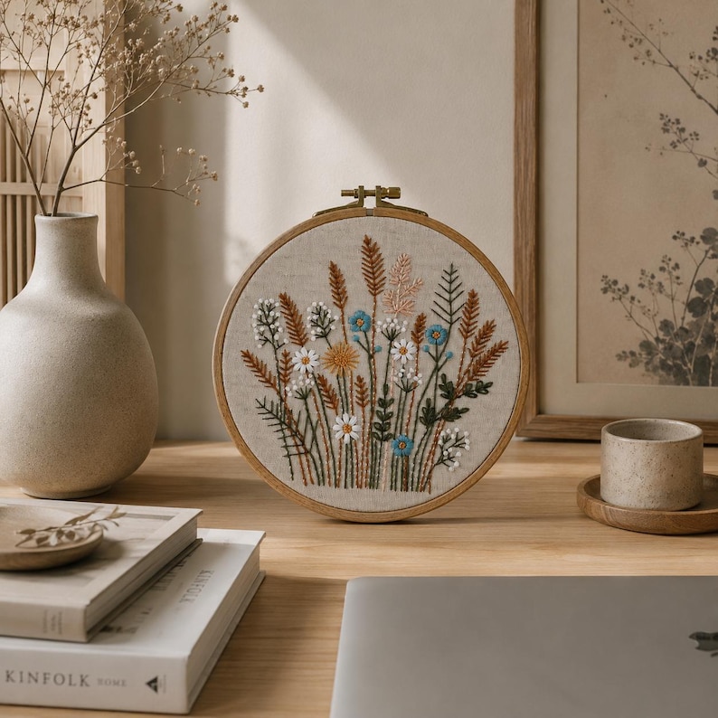 K&ouml;nnte beinhalten: Ein runder h&ouml;lzerner Stickrahmen mit einem Stoffeinsatz, der handgestickte botanische Motive zeigt. Die Stickerei besteht aus verschiedenen Wildblumen, Gr&auml;sern und St&auml;ngeln in Blau-, Wei&szlig;-, Gelb- und Braunt&ouml;nen auf einem hellbeigen Stoffhintergrund.