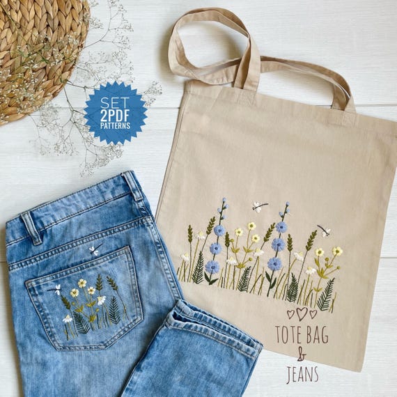 Sac Fourre-tout à Broder écologique - Motif Pivoine Bleue Sur Toile, Fermeture Cordon - Fait Main