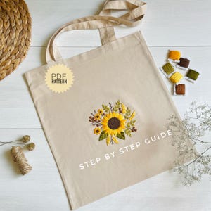 Tote bag sunflower embroidery pattern, Shopper hand embroidery design, DIY floral ornament