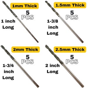 May include: Four sets of drill bits with different thicknesses and lengths. Each set includes 5 drill bits. The thicknesses are 1mm, 1.5mm, 2mm, and 2.5mm. The lengths are 1 inch, 1-3/8 inch, 1-3/4 inch, and 2 inch.