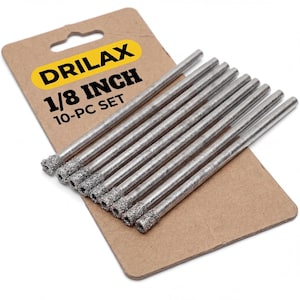 May include: A set of ten 1/8 inch diamond-tipped drill bits. The bits are silver and have a textured, granular tip. The packaging is a brown cardboard backing with the brand name "DRILAX" and product details printed in black and yellow.