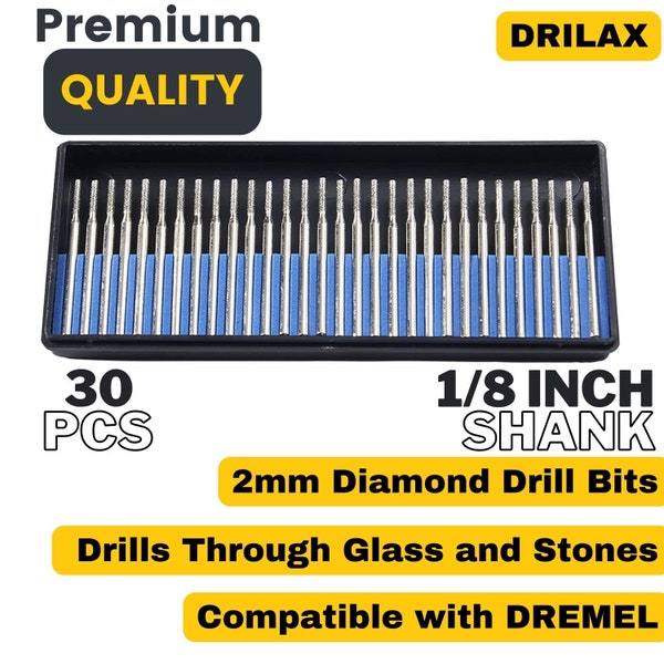 Drilax 30 pcs SET 2mm Diamond Drill Bit Burr Kit Jewelry Beach Sea Glass Shells Gemstones Shank 1/8 Inch Compatible with Dremel