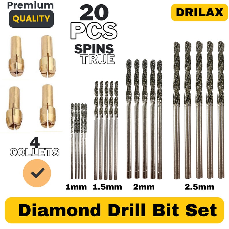 Drilax Diamond Coated Twist Drill Bits 20pcs. Set 4 Sizes 1mm 1.5mm 2mm