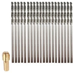 May include: A set of 20 silver diamond drill bits for use with a rotary tool. The bits are arranged in a row and are all the same size. A brass collet is included.