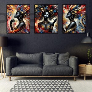 3-Piece Digital Art Set: Black Girl Magic Wall Decor, Modern Afrocentric Art, Melanin Pop Art for Home or Office