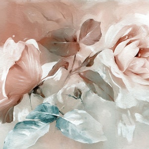 May include: A watercolour painting of pink roses with green leaves. The roses are in soft focus and the background is a light brown.