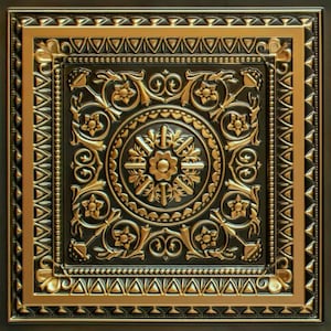 2&#39;x2&#39; Faux Tin ceiling tiles/wall panels in Antique Gold Royal Design for Glue-Up or Drop In installation.  Easy DIY project. ML#223.