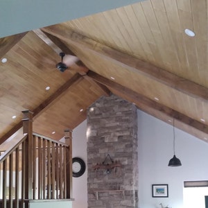 Styrofoam Ceiling Planks imitating pine wood for popcorn ceiling cover. Could be glued directly over the popcorn. Shiplap look. Model #RM99.
