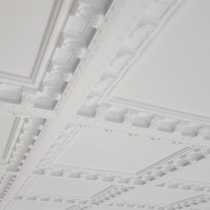 Coffered Faux Tin Decorative Ceiling Tiles. Model #236 White Matte. Drop In into an existing 2x2 grid system (cannot be glued up)