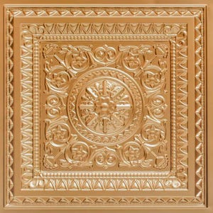 3D embossed Faux Tin Ceiling Tiles in Gold. 10 Decorative tiles Glue up or Drop In (existing 2x2 grid system). Easy DIY installation.