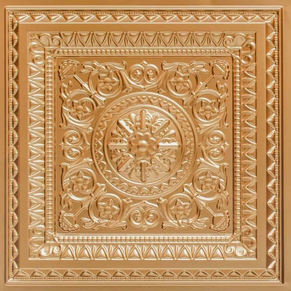 3D embossed Faux Tin Ceiling Tiles in Gold. 10 Decorative tiles Glue up or Drop In (existing 2x2 grid system). Easy DIY installation.