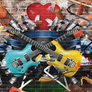 Music Graffiti Mural Wall Art Print Removable Wall Décor Accent Wall Guitar Graffiti Prepasted Wall Mural #MU1870