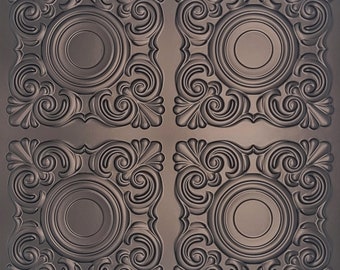 Faux Tin Decorative Ceiling Tiles in dark bronze. Glue up/Drop In ceiling tiles in medieval style. Easy DIY installation. Pack of 10 tiles.