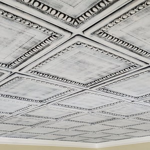 Op de afbeelding: Witte plafondtegels met een decoratieve, verhoogde, zwarte rand. De tegels zijn in een rasterpatroon gerangschikt.