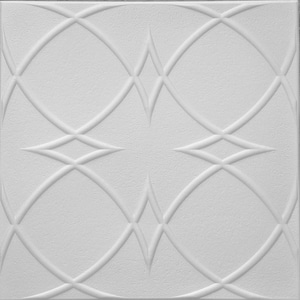May include: White ceiling tile with an embossed pattern of overlapping circles and diamonds.