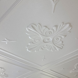 May include: White ceiling tiles with a decorative, embossed floral design. The design features a central circle with four smaller circles around it, all surrounded by stylized leaves.