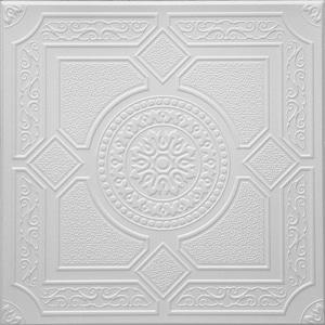 May include: A white, square ceiling tile with an embossed design. The tile features a central circular pattern with a floral motif, surrounded by geometric shapes and decorative scrollwork. The surface has a textured appearance.