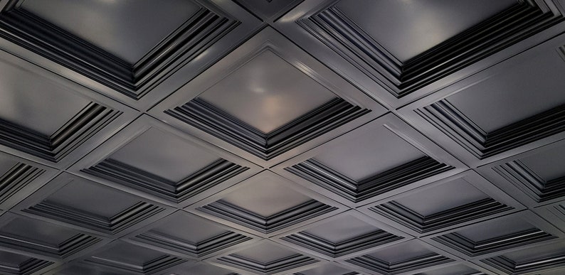 Coffered Faux Tin Decorative Ceiling Tiles in Black Matte. Drop In into the existing 2x2 grid system. Easy DIY installation. Box of 1/10/25 image 1