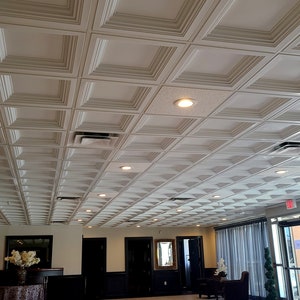 Coffered Faux Tin Decorative Ceiling Tiles #274 White Matte. Drop In into the existing 2x2 grid system. Easy DIY installation.