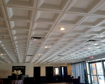 Coffered Faux Tin Decorative Ceiling Tiles #274 White Matte. Drop In into the existing 2x2 grid system. Easy DIY installation.