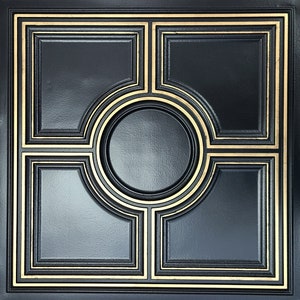 Faux Tin Decorative Ceiling Tiles TD37 Black-Gold. Glue up or Drop In into the existing 2x2 grid system. Easy DIY installation.