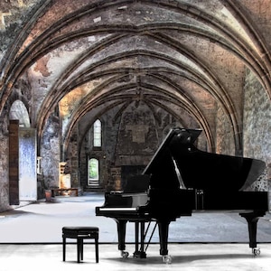 May include: A black grand piano sits in a large, vaulted room with stone walls and arches. The room is empty except for the piano and a black piano stool.