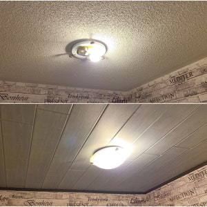 May include: Two images of a ceiling with a light fixture. The first image shows a white ceiling with a textured surface and a white light fixture. The second image shows a white ceiling with wood paneling and a white light fixture.