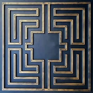May include: A black square tile with a gold-coloured maze pattern. The maze is intricate and has many twists and turns.