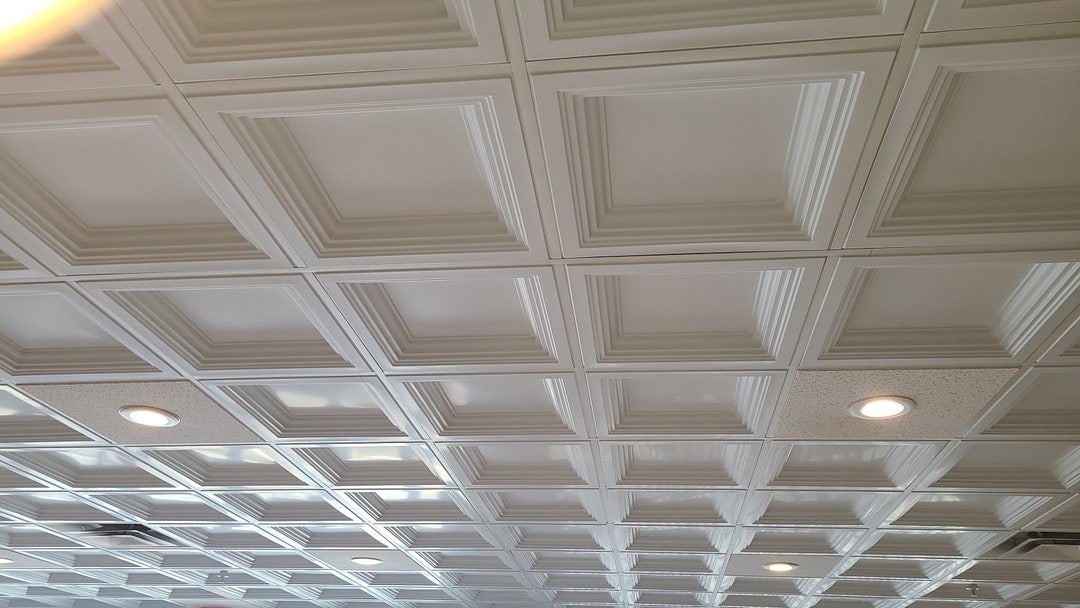 Sample of Coffered Faux Tin Decorative Ceiling Tile in White Matte