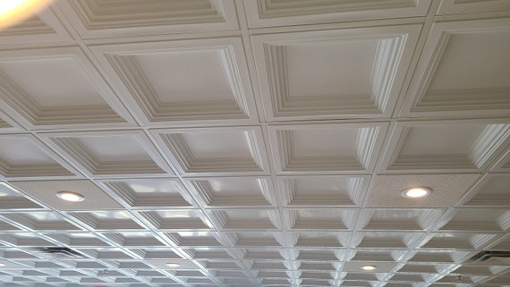 Sample of Coffered Faux Tin Decorative Ceiling Tile in White Matte ...